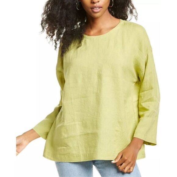 Eileen Fisher Organic Handkerchief Linen 3/4 Sleeve Top Green Size 2-4 Petite - Picture 1 of 7